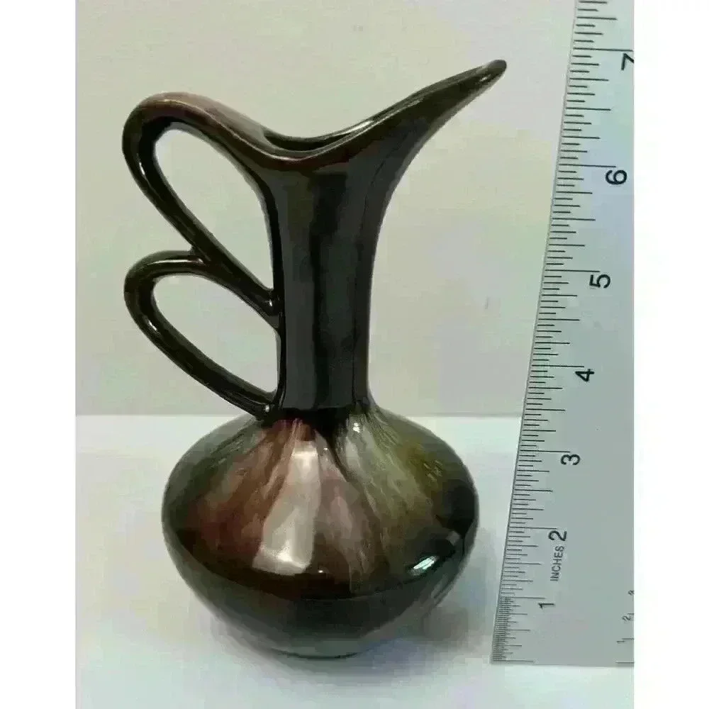 Vintage MCM Ceramic Cruet Pink Blue Gold Silver Drip Glaze Brown base Redware